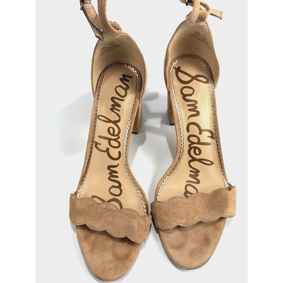 Sam Edelman Odila Scalloped Block Heel Neutral Suede Sandals Classic Taupe 10.5M - Picture 6 of 10